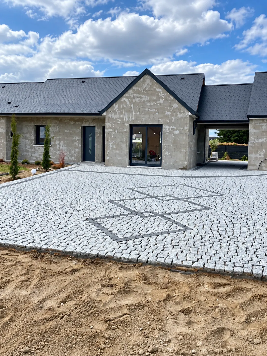 Cour pavée en granit clair avec motifs géométriques, devant une maison encore en enduit brut