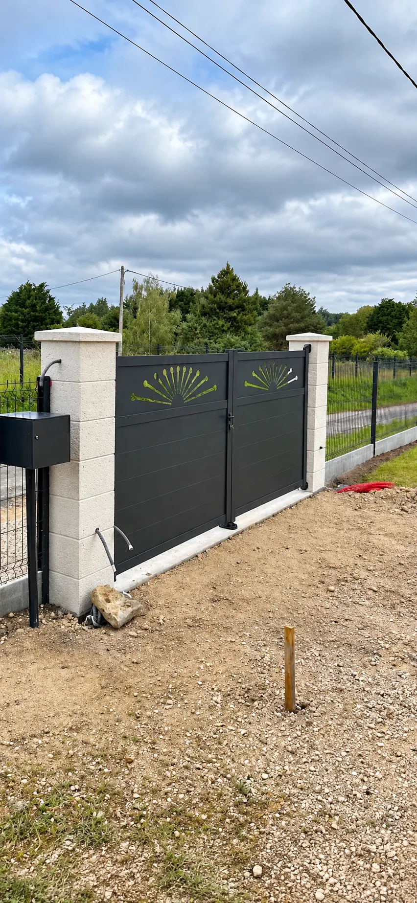 Portail anthracite à deux vantaux avec motifs découpés, entre deux piliers en pierre