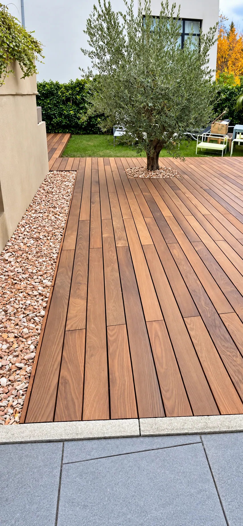 Terrasse en lames de bois, olivier et accès en gravier